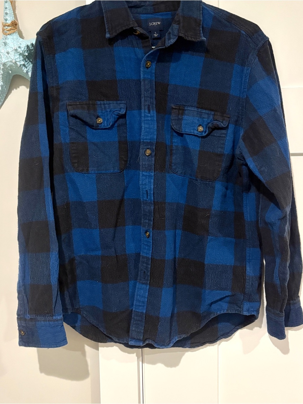 J. Crew Men's Blue and Black Buffalo Plaid flannel Button-Down Shirt